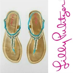 Lilly Pulitzer Rhinestone Embellished Leather T-strap Sandals Turquoise Sz 9